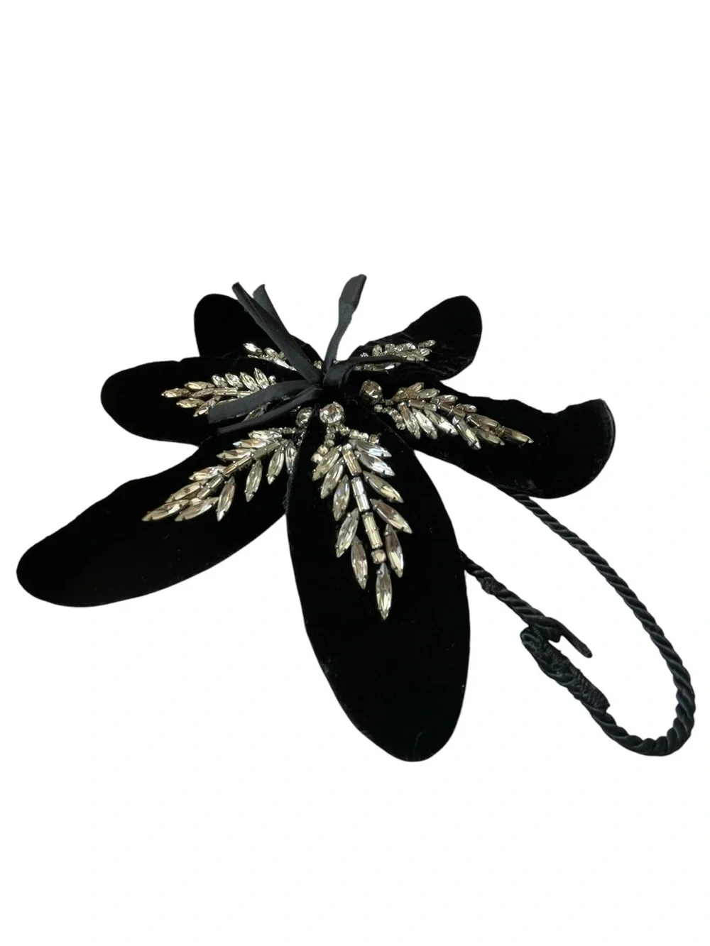 Vintage Black Velvet Rhinestone Flower Clip Brooch Ornament Gothic Glam